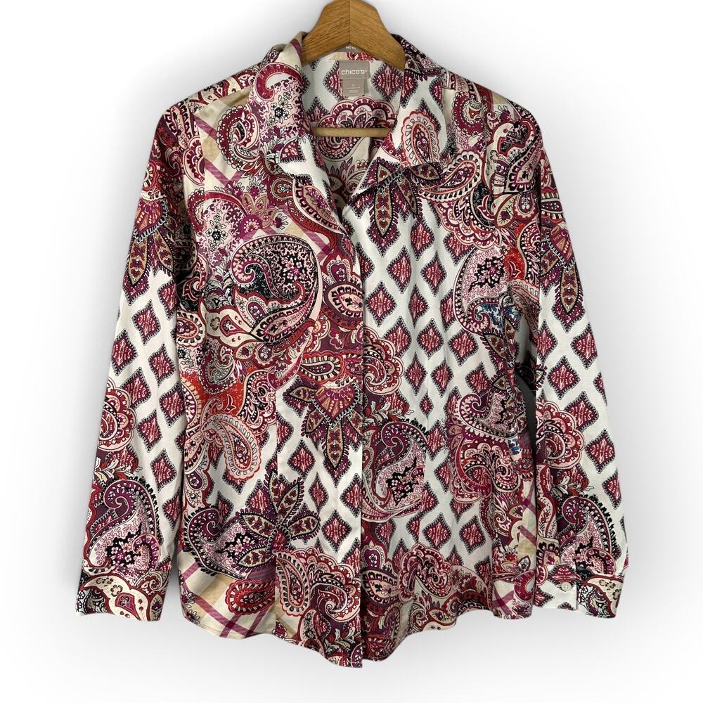 Womens Chicos Paisley Patchwork Shirt Size S Burgundy Long Sleeve Western Boho